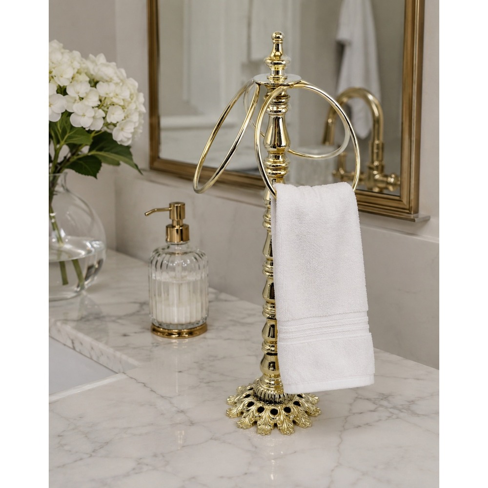 Vintage Gold Tone Metal Fingertip Towel Holder Stand 13" Ornate Bathroom Vanity